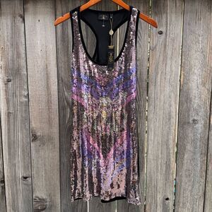 Christian Audigier Sequin Halloween skull purple silver mini dress Size Medium